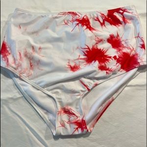 Red and white tie-dye high waisted swim bottoms